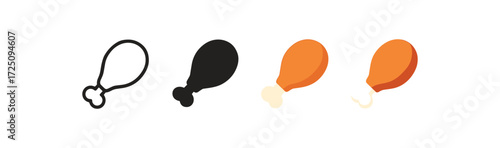 Chicken drumstick icons in linear, solid, and flat styles for culinary designs