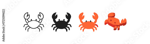 Diverse crab designs: outline, silhouette, flat, 3d styles