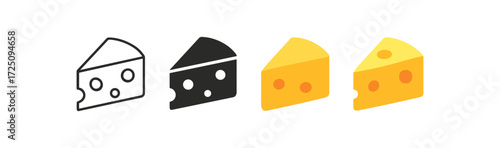 Cheese icon set in minimalist styles: line, silhouette, flat, and colorful designs