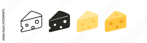 Cheese icons set in different styles: outline, solid, flat, colorful
