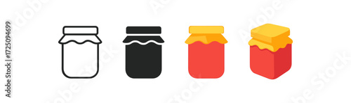 Colorful jam jar icons: outline, solid, flat design styles