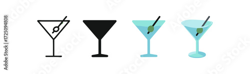 Diverse martini glass designs: iconic styles from outline to 3d