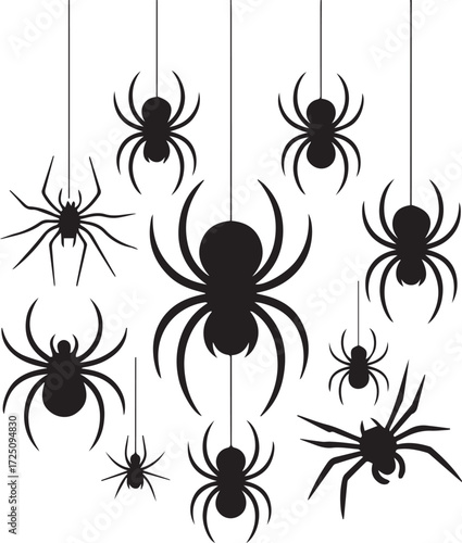 Set of Black Spider Silhouettes for Halloween and Decoration
