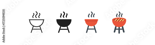 Minimalist barbecue icons set with steaming grills in various styles