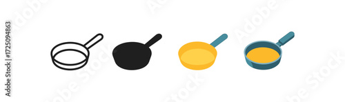 Set of cooking pans in different styles: line, silhouette, flat, and isometric