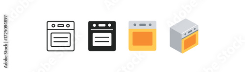 Diverse oven icons in minimalist and isometric styles for kitchen themes