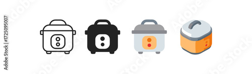 Stylish kitchen appliance icons: line art, solid, flat, and gradient rice cookers