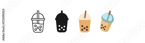 Assorted bubble tea icons: line and color styles for design projects