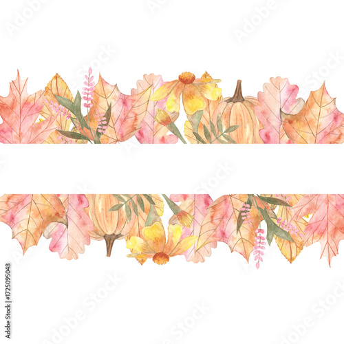 Watercolor illustration of autumn frames with leaves and flowers. Hand painted borders for invitations, cards, posters, wedding stationery, seasonal design and cozy fall decorations.