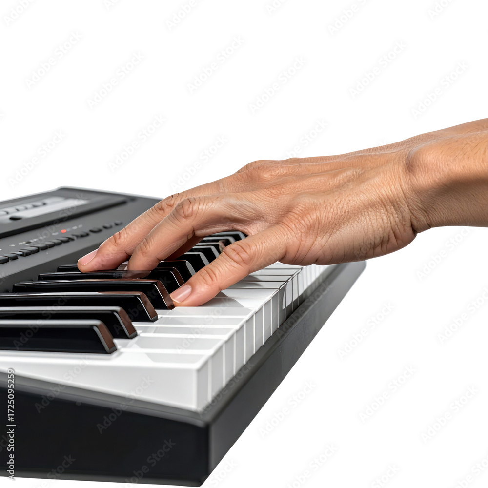 Fototapeta premium Close Up Of A Person'S Hand Playing A Digital Piano Keyboard With Black And White Keys isolated on transparent background. PNG die-cut for advertising