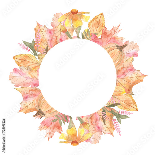 Watercolor illustration of autumn frames with leaves and flowers. Hand painted borders for invitations, cards, posters, wedding stationery, seasonal design and cozy fall decorations.