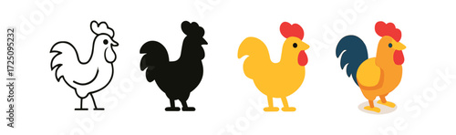 Rooster designs in outline, silhouette, flat, and cartoon styles