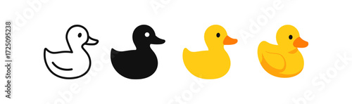 Cute duck icons set: outline, silhouette, flat, and 3d styles