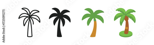 Diverse palm tree designs: outline, silhouette, flat, and isometric styles