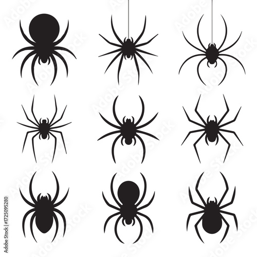 Set of Black Spider Silhouettes for Halloween and Decoration