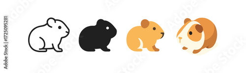 Cute guinea pigs in different styles: outline, silhouette, flat, and minimalist designs