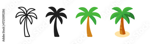 Palm tree icons: silhouette, outline, and flat designs with color variations