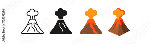 Volcano eruption icons set: outline, solid, two-tone, flat styles