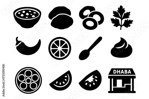 Indian cuisine icon set: spices, ingredients, dhaba, and food elements