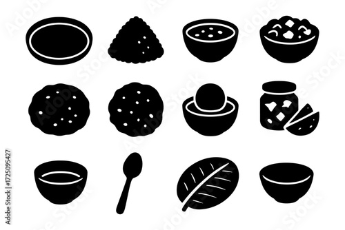 Traditional asian food icons set featuring rice, dumplings, and more