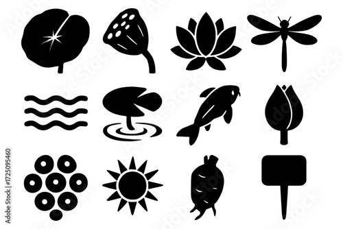 Nature silhouettes: lotus, dragonfly, koi fish, and more