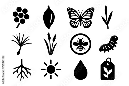 Nature silhouette icons set: plants, insects, and natural elements