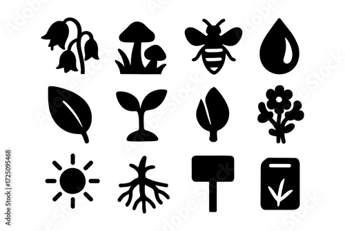 Nature icons set: silhouettes of plants, insects, and weather elements for eco-friendly designs