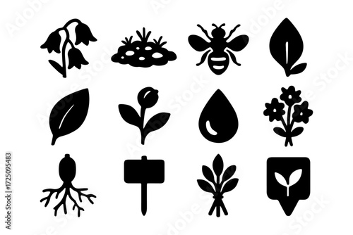 Nature icons collection: simple black silhouettes of flowers, plants, and garden elements