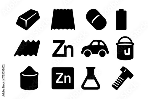 Zinc symbol and silhouette icons: uses in industry and science