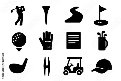 Golf silhouettes: player, equipment, and course icons in black