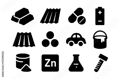 Silhouette icons of industrial materials and objects including metals, batteries, and lab equipment