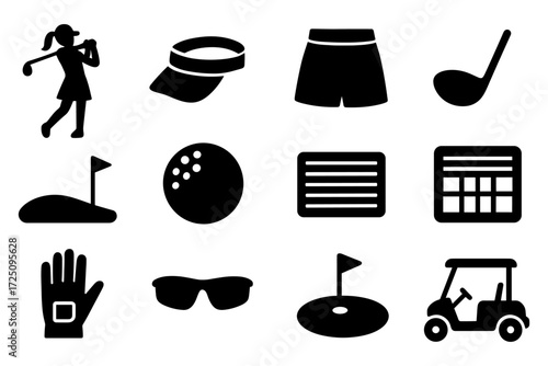 Golf icons: silhouette set featuring golfer, equipment, and accessories