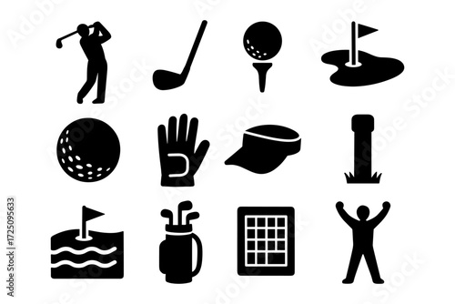 Golf icons: stylish black silhouettes of clubs, players, and accessories
