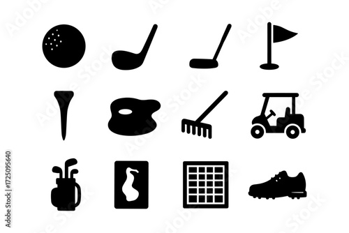 Golf icons collection: clubs, course, cart, and more in silhouette design