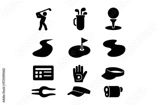 Golf silhouette icons: clubs, courses, and sport equipment set
