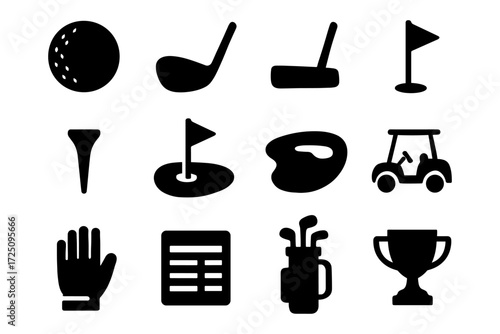 Golf equipment and accessories silhouettes: clubs, flags, and more