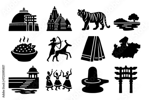 Classic indian culture: silhouettes of architecture, wildlife, and traditions