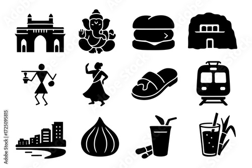 Collection of india icons: culture, cuisine, transportation