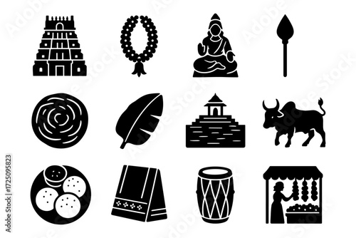 Silhouette icons of indian culture: temple, gong, drum, and traditional symbols