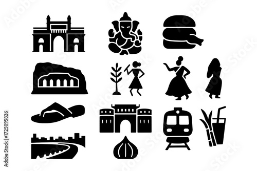 Silhouette icons of india: landmarks, culture, and traditional elements