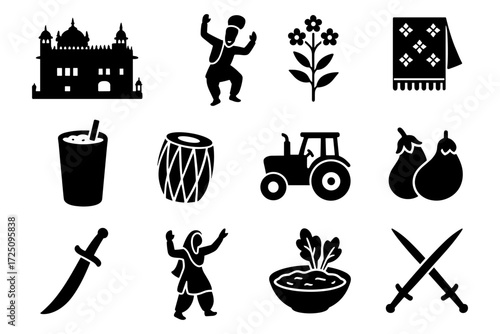 Traditional punjabi icons: culture, dance, and cuisine silhouettes