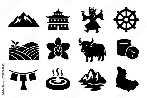 Collection of himalayan icons featuring nature, culture, and landmarks in silhouette style