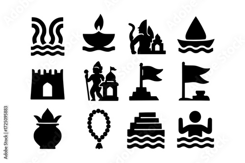 Silhouette icons of indian culture and landmarks in black