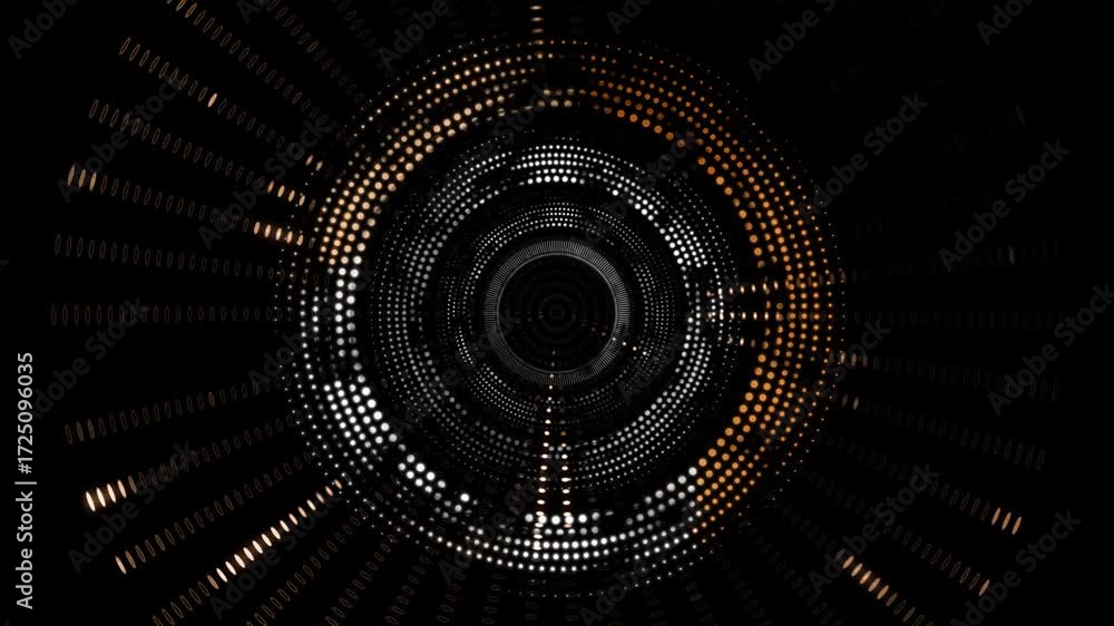 Abstract digital tunnel with circular light patterns on black background for technological presentations