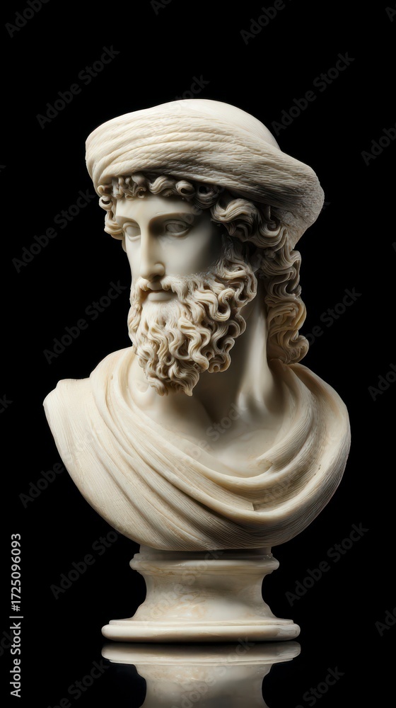 Obraz premium Marble Bust of Philosopher: A beautifully sculpted marble bust of a wise philosopher with a long beard and traditional headwear against a stark black backdrop. Evoking a sense of history, wisdom.