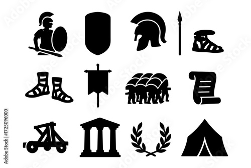 Ancient rome icons set: soldiers, armor, and artifacts in silhouette style