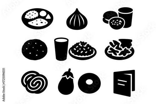 Silhouette icons of traditional indian cuisine and snacks