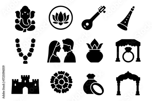 Indian wedding icons: silhouette symbols of tradition and culture