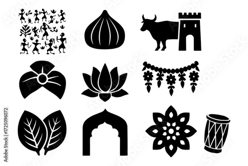 Traditional indian symbols: lotus, turban, drum, and more in black silhouette collection