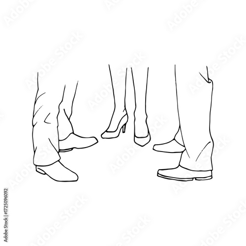 foot level of two men facing each other, with a woman in shoes standing between them. Concept of a love triangle, rivalry between admirers - hand drawn line art illustration